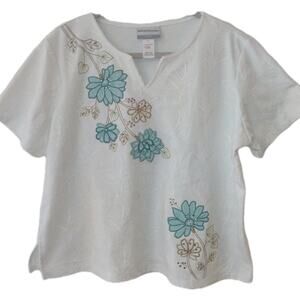Alfred Dunner Top White applique teal flowers short sleeve Women's Sz PL